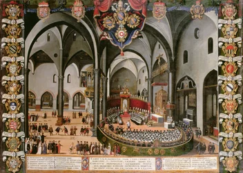 Orgelpforte, die das Konzil von Aquileia 1596 in Udine darstellt